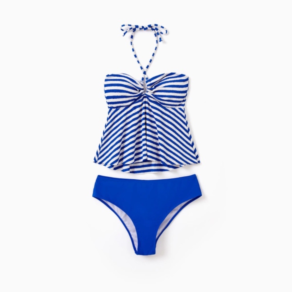 Blue Striped 2 Pieces Halter Tankini Swimsuit